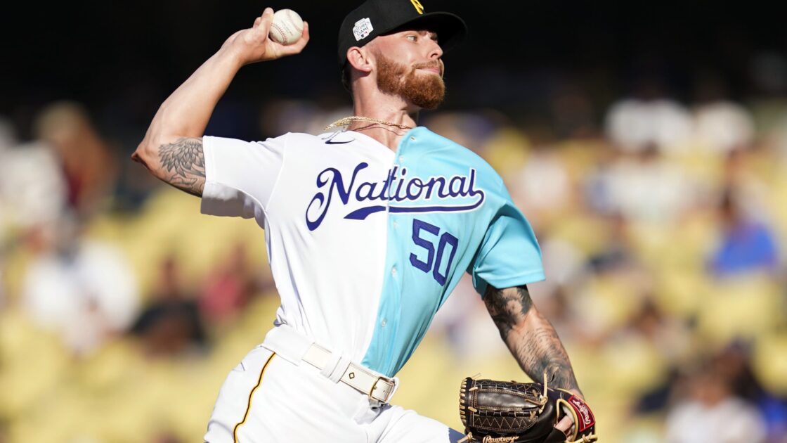 National League pitcher Mike Burrows throws to an American League batter during the MLB All-Star Futures baseball game, Saturday, July 16, 2022, in Los Angeles. (AP Photo/Abbie Parr)