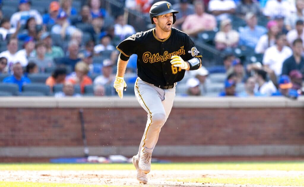 Pittsburgh Pirates' Jason Delay runs to first base after singling on a line drive during the sixth inning of a baseball game against the New York Mets, Sunday, Sept. 18, 2022, in New York. (AP Photo/Julia Nikhinson)