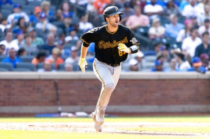 Pittsburgh Pirates' Jason Delay runs to first base after singling on a line drive during the sixth inning of a baseball game against the New York Mets, Sunday, Sept. 18, 2022, in New York. (AP Photo/Julia Nikhinson)
