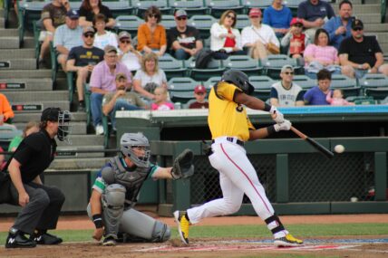 Pirates' prospect Matt Fraizer makes hard contact against LHP Joe Rock on May 28, 2023