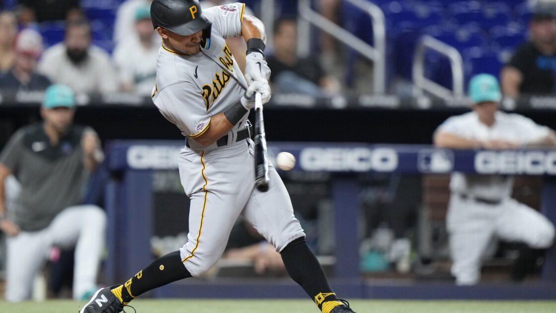 Pittsburgh Pirates' Nick Gonzalez bats during the eighth inning of a baseball game against the Miami Marlins, Friday, June 23, 2023, in Miami. The Pirates called up another first-round draft pick, selecting touted infielder Gonzales from Triple-A Indianapolis. Gonzales made his major league debut Friday night, starting at second base and batting seventh against the Marlins. (AP Photo/Wilfredo Lee)