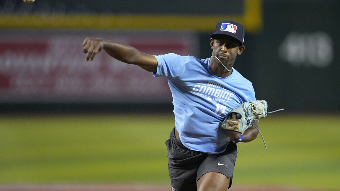 Draft prospect and future Pirates prospect Carlson Reed participates in the MLB baseball draft combine, Tuesday, June 20, 2023, in Phoenix. (AP Photo/Matt York)