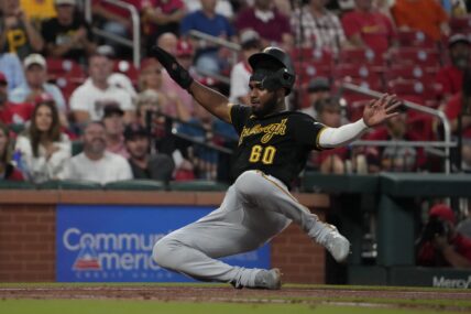 Pittsburgh Pirates' Liover Peguero scores during the second inning of a baseball game against the St. Louis Cardinals Friday, Sept. 1, 2023, in St. Louis. (AP Photo/Jeff Roberson)