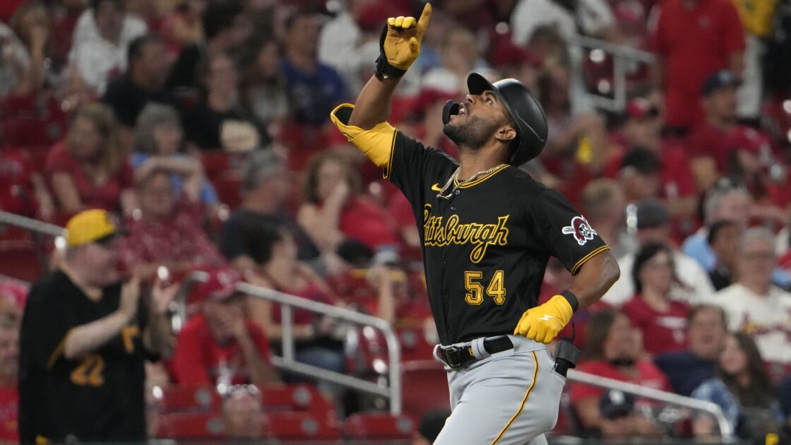 Pittsburgh Pirates' Joshua Palacios rounds the bases after hitting a two-run home run during the ninth inning of a baseball game against the St. Louis Cardinals Saturday, Sept. 2, 2023, in St. Louis. (AP Photo/Jeff Roberson)