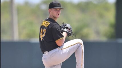 Pirates left-handed pitching prospect Michael Kennedy winds up to pitch.