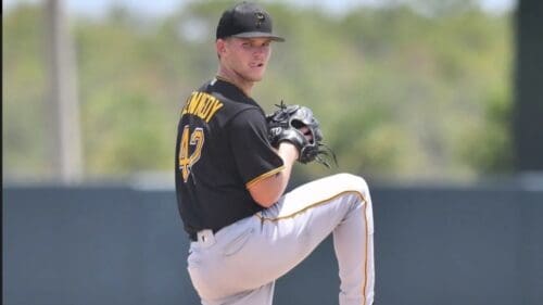 Pirates left-handed pitching prospect Michael Kennedy winds up to pitch.