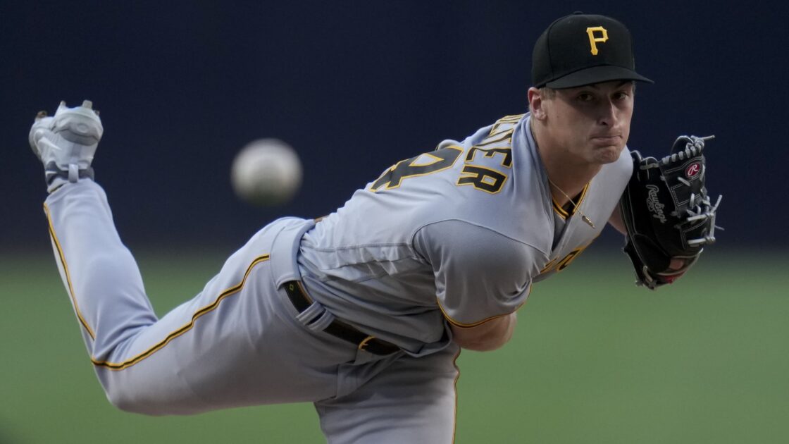 Pittsburgh Pirates starting pitcher Quinn Priester works against a San Diego Padres batter during the first inning of a baseball game Monday, July 24, 2023, in San Diego. (AP Photo/Gregory Bull)