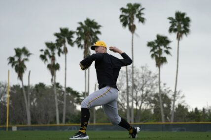 Pittsburgh Pirates pitcher Paul Skenes throws during a baseball spring training workout Saturday, Feb. 17, 2024, in Bradenton, Fla. (AP Photo/Charlie Neibergall)