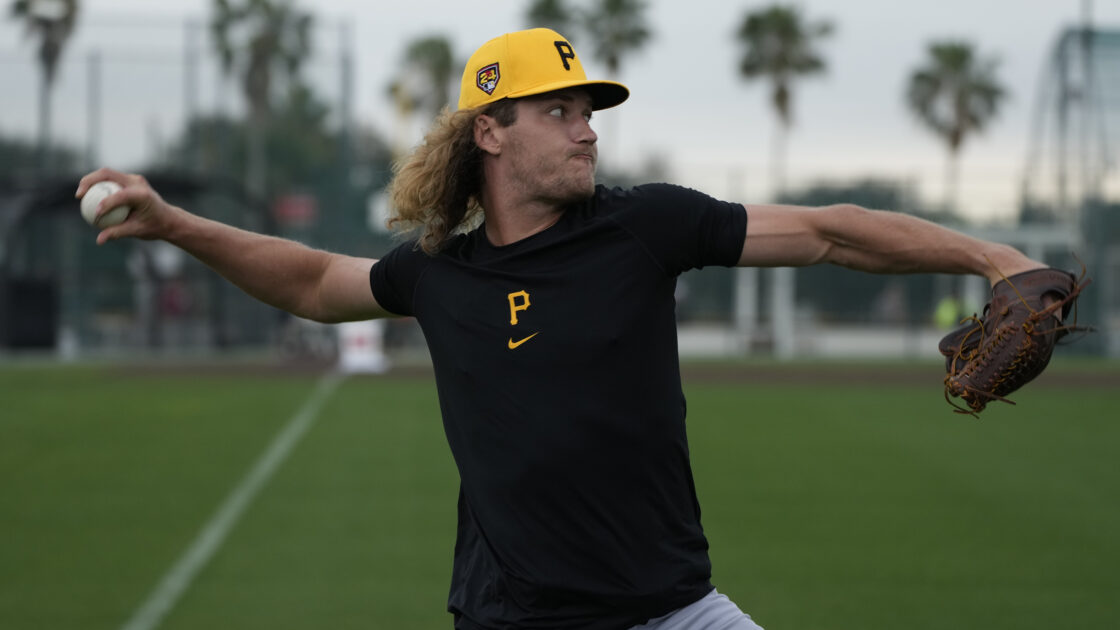 Pittsburgh Pirates pitcher Braxton Ashcraft throws during a baseball spring training workout Saturday, Feb. 17, 2024, in Bradenton, Fla. (AP Photo/Charlie Neibergall)