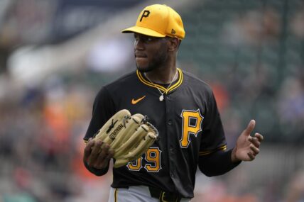 Pittsburgh Pirates pitcher Roansy Contreras walks off the field after being taken out the game in the third inning of a spring training baseball game against the Detroit Tigers Saturday, March 2, 2024, in Lakeland, Fla. (AP Photo/Charlie Neibergall)