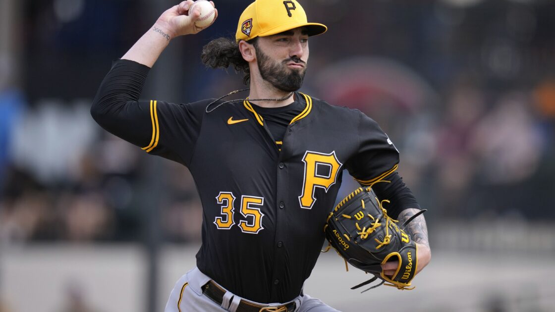 Pittsburgh Pirates relief pitcher Colin Holderman (35) throws during the fourth inning of a spring training baseball game against the Detroit Tigers Saturday, March 2, 2024, in Lakeland, Fla. (AP Photo/Charlie Neibergall)