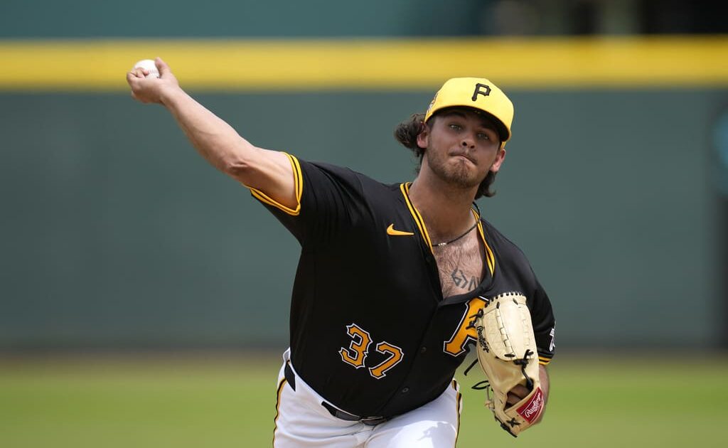 Pittsburgh Pirates starting pitcher Jared Jones throws during the first inning of a spring training baseball game against the Toronto Blue Jays Tuesday, March 5, 2024, in Bradenton, Fla. (AP Photo/Charlie Neibergall)
