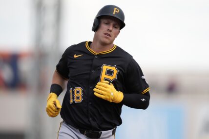 Pittsburgh Pirates' Jake Lamb runs the bases after hitting a home run in the first inning of a spring training baseball game against the Detroit Tigers Saturday, March 9, 2024, in Lakeland, Fla. (AP Photo/Charlie Neibergall)