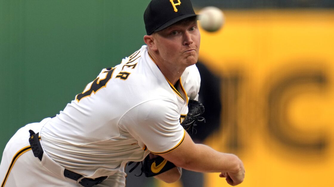 Pittsburgh Pirates starting pitcher Mitch Keller delivers during the first inning of the team's baseball game against the Detroit Tigers in Pittsburgh, Monday, April 8, 2024. (AP Photo/Gene J. Puskar)