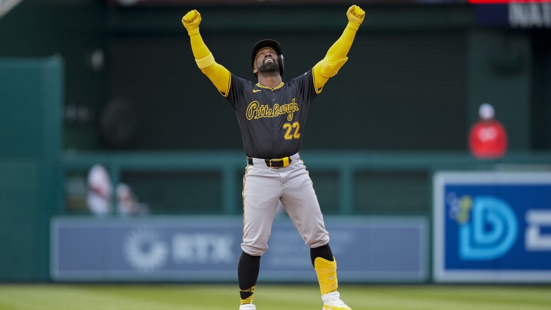 Pittsburgh Pirates designated hitter Andrew McCutchen celebrates his double during the seventh inning of an opening-day baseball game against the Washington Nationals at Nationals Park, Monday, April 1, 2024, in Washington. (AP Photo/Alex Brandon)