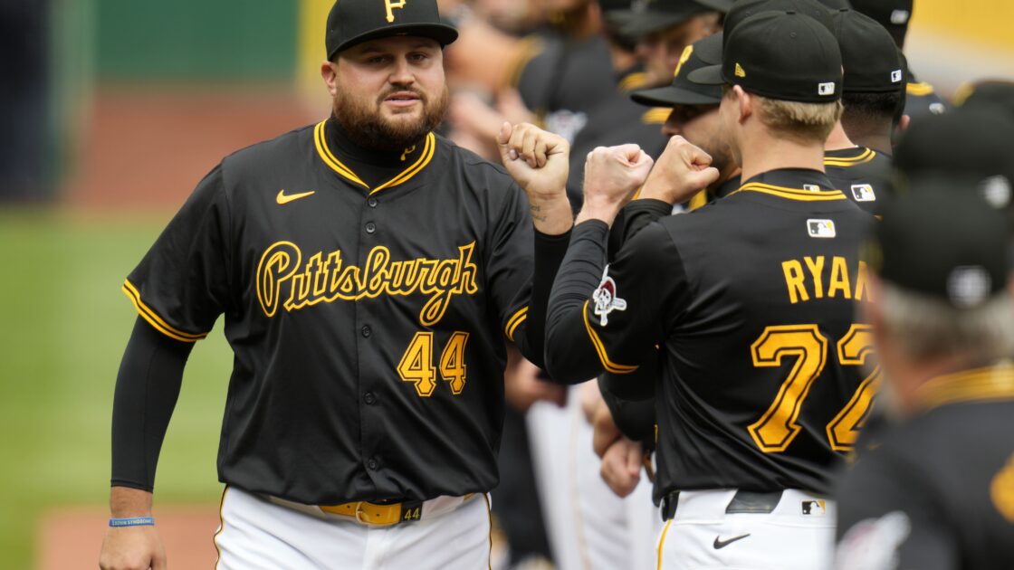 Pittsburgh Pirates' Rowdy Tellez (44) is introduced before the Pirates' home opener baseball game against the Baltimore Orioles in Pittsburgh, Friday, April 5, 2024. (AP Photo/Gene J. Puskar)