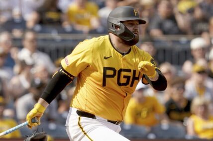 Pittsburgh Pirates' Rowdy Tellez watches his RBI single during the third inning of a baseball game against the Tampa Bay Rays, Saturday, June 22, 2024, in Pittsburgh. (AP Photo/Matt Freed)