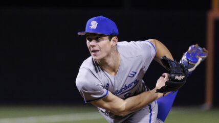 Future Pirates pick and UC Santa Barbara's Matt Ager (34) pitches during an NCAA Baseball game on Friday, Feb. 16, 2024, in Buies Creek, N.C. (AP Photo/Ben McKeown)
