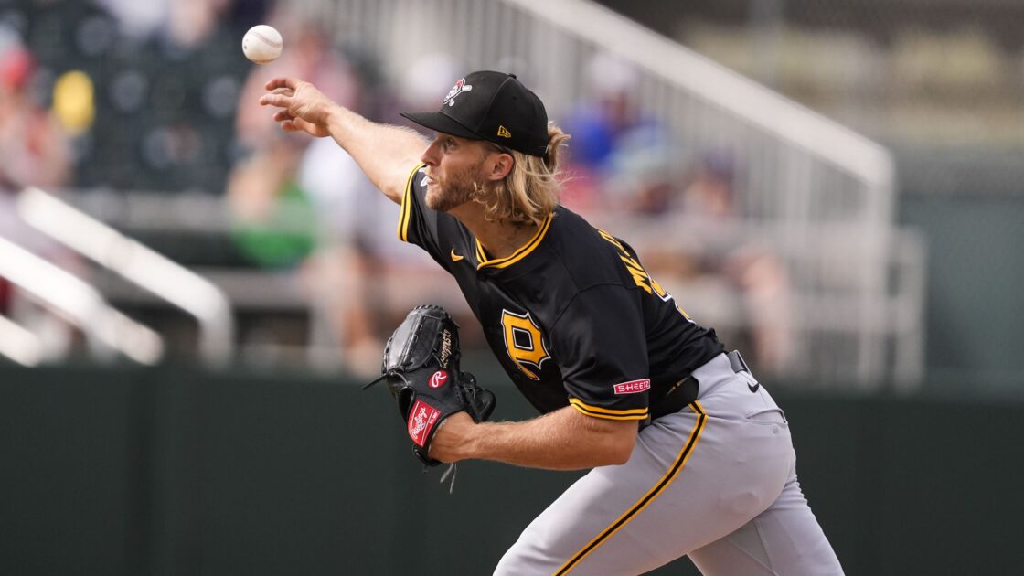 Pittsburgh Pirates pitcher Carmen Mlodzinski (50) delivers in the fifth inning of a spring training baseball game against the Minnesota Twins in Fort Myers, Fla., Thursday, Feb. 27, 2025. (AP Photo/Gerald Herbert)