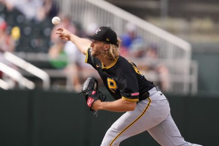Pittsburgh Pirates pitcher Carmen Mlodzinski (50) delivers in the fifth inning of a spring training baseball game against the Minnesota Twins in Fort Myers, Fla., Thursday, Feb. 27, 2025. (AP Photo/Gerald Herbert)