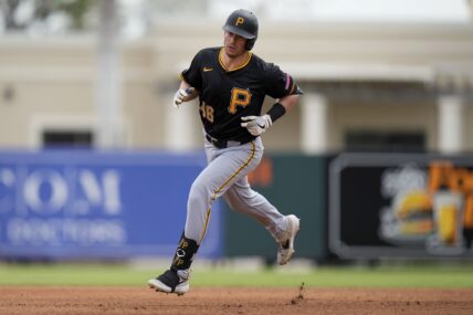 Pittsburgh Pirates' Nick Solak (46) rounds the bases after hitting a home run during the fourth inning of a spring training baseball game against the Baltimore Orioles, Saturday, March 1, 2025, in Sarasota, Fla. (AP Photo/Stephanie Scarbrough)