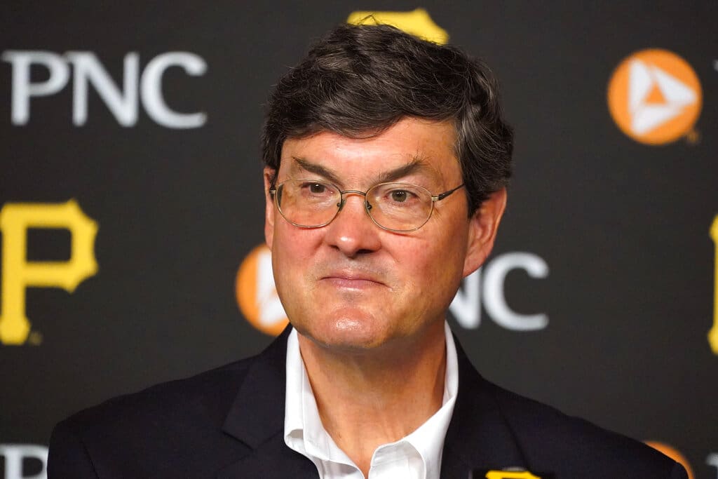 Bob Nutting, owner of the Pittsburgh Pirates of Major League Baseball, listens to a question from the media after signing third baseman Ke'Bryan Hayes to an eight-year contract extension through the 2029 season with a club option for 2030, before the home season opening baseball game against the Chicago Cubs in Pittsburgh, April 12, 2022. (AP Photo/Gene J. Puskar)