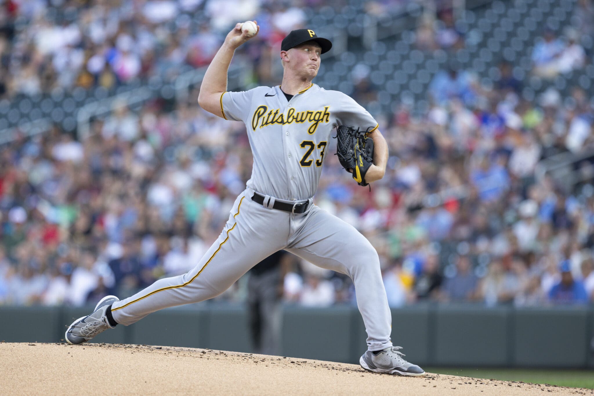 Pittsburgh Pirates starting pitcher Mitch Keller delivers a pitch to a Minnesota Twins batter during the first inning of a baseball game Saturday, Aug. 19, 2023, in Minneapolis. (AP Photo/Bailey Hillesheim)