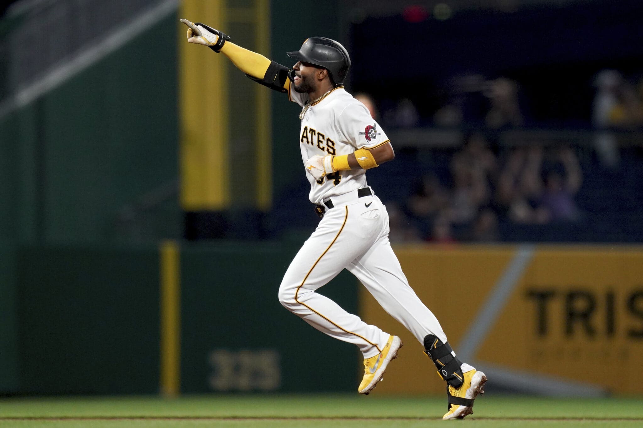 Pittsburgh Pirates outfielder Joshua Palacios rounds the bases after hitting a three-run home run off St. Louis Cardinals starting pitcher Drew Rom in the fourth inning of a baseball game in Pittsburgh, Monday, Aug. 21, 2023. (AP Photo/Matt Freed)