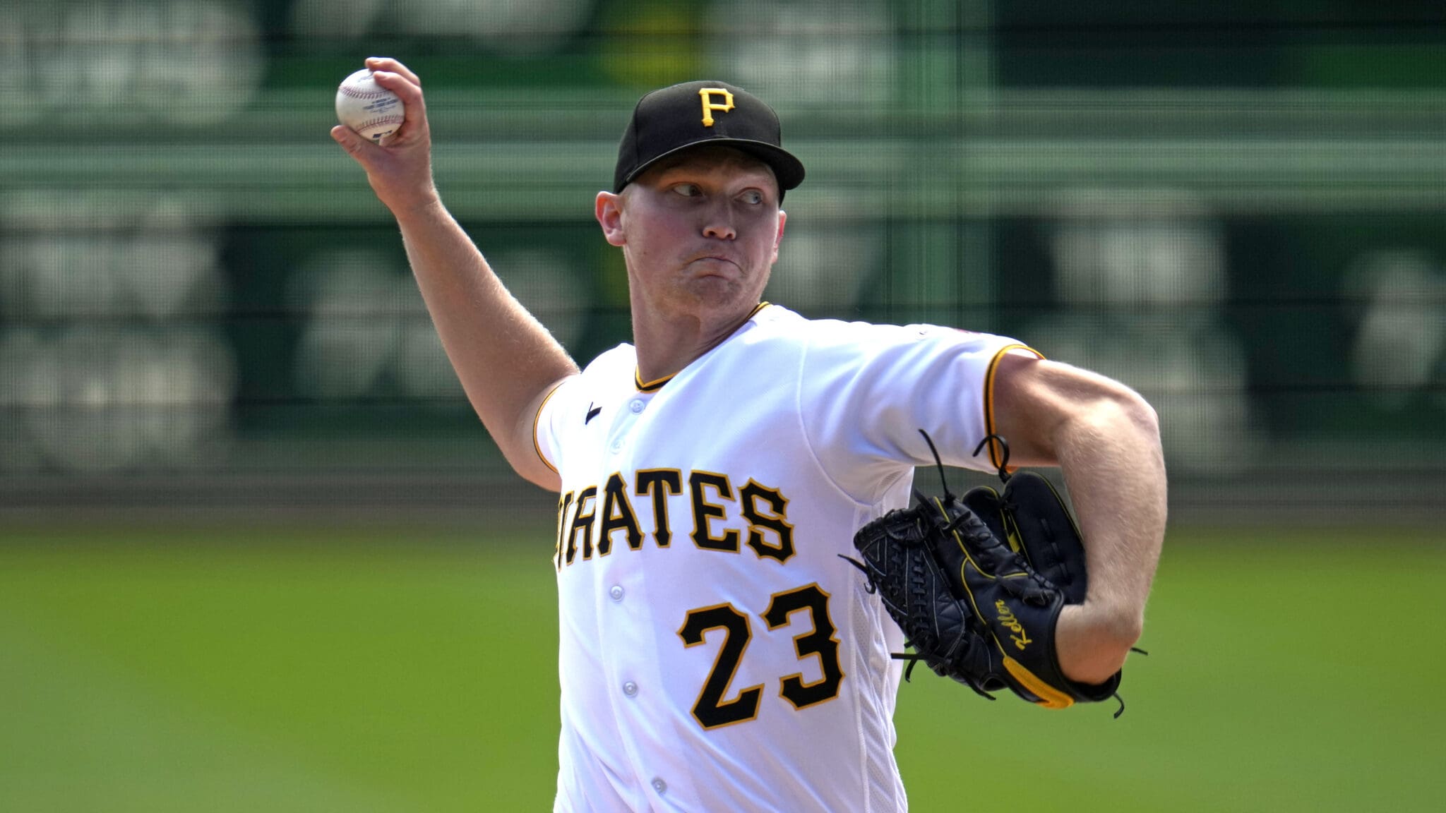Pittsburgh Pirates starting pitcher Mitch Keller delivers during the second inning of a baseball game against the Washington Nationals in Pittsburgh, Thursday, Sept. 14, 2023. (AP Photo/Gene J. Puskar)