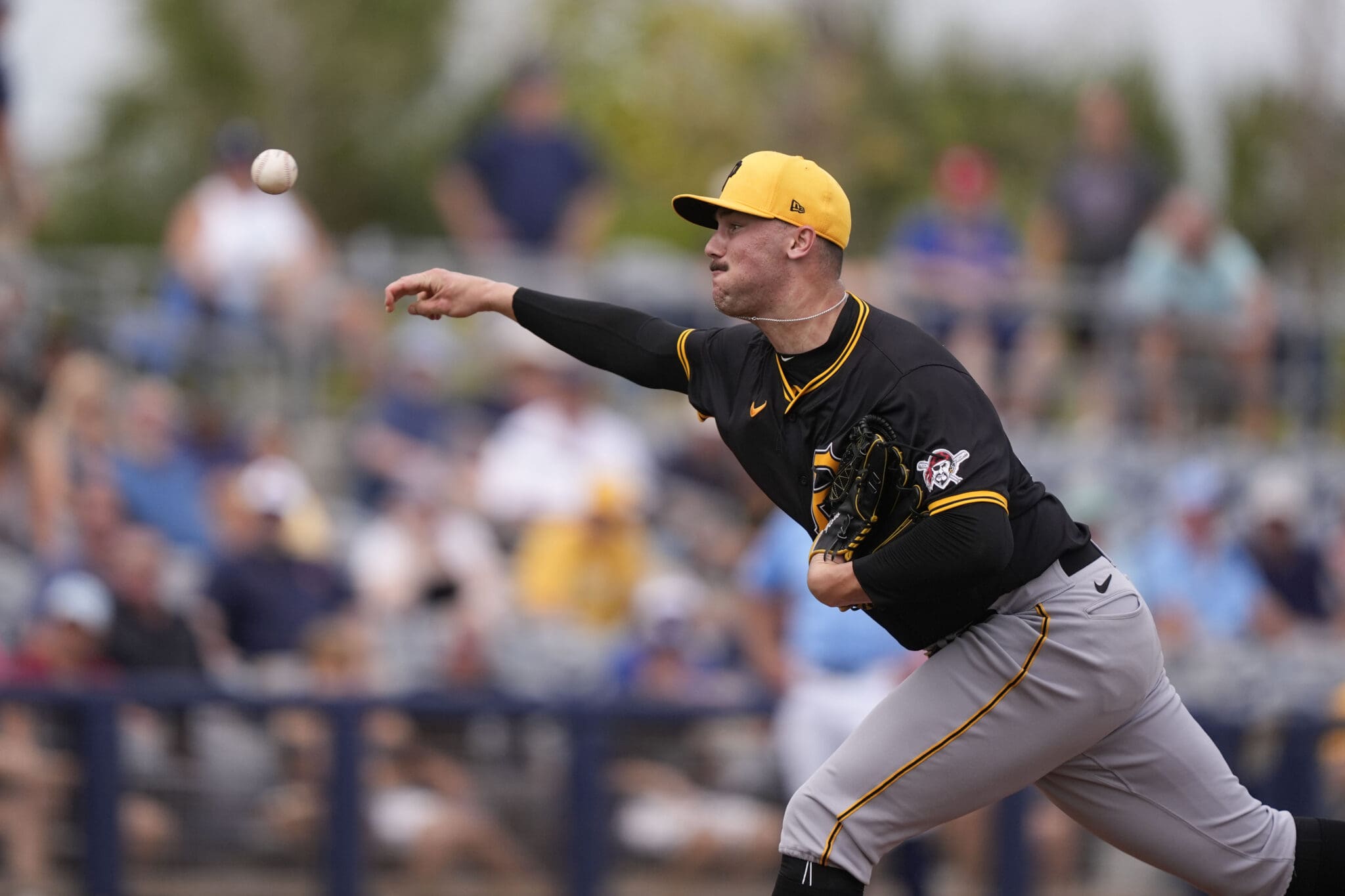 Pittsburgh Pirates pitcher Paul Skenes throws the pitch that resulted in a solo home run by Tampa Bay Rays Amed Rosario in the fourth inning of a spring training baseball game in Port Charlotte, Fla., Monday, March 4, 2024. (AP Photo/Gerald Herbert)