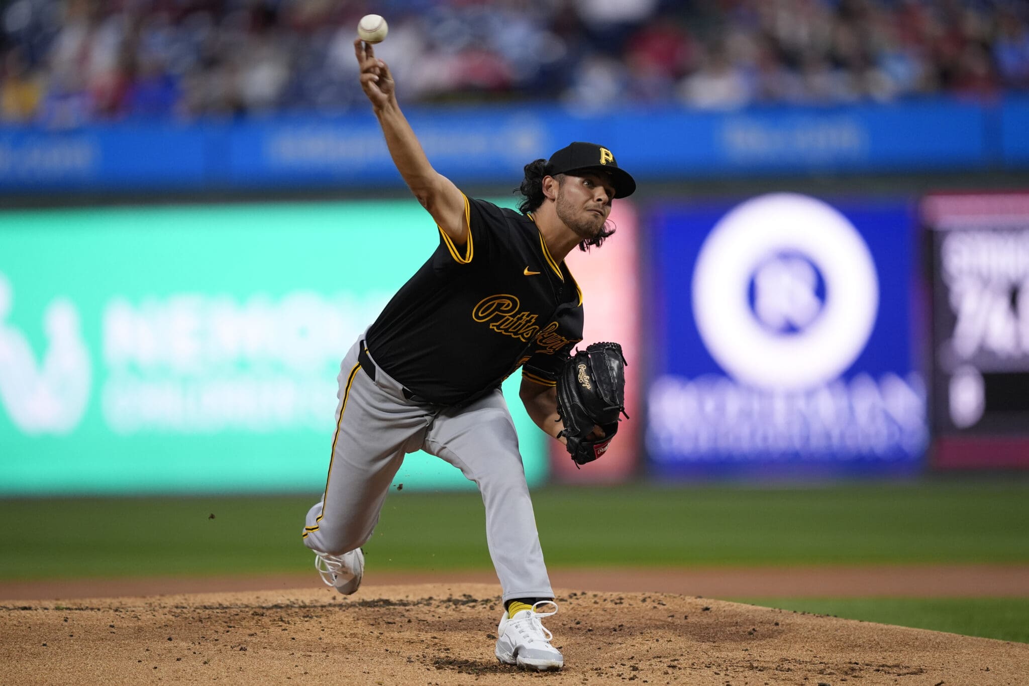 Pittsburgh Pirates' Jared Jones pitches during the first inning of a baseball game against the Philadelphia Phillies, Thursday, April 11, 2024, in Philadelphia. (AP Photo/Matt Rourke)